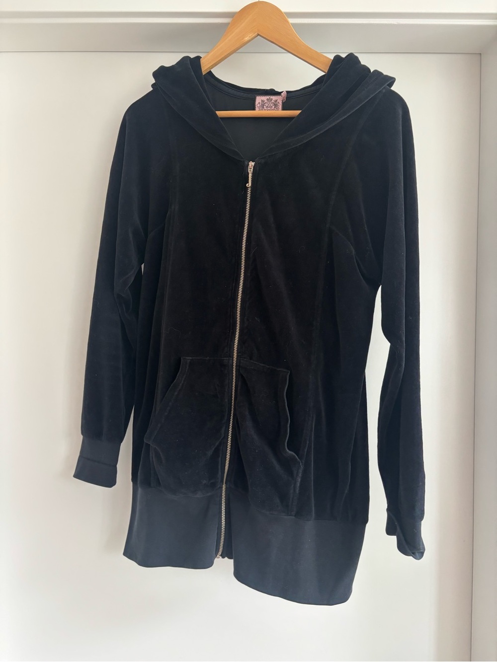 Vintage Y2K Juicy Couture Long Black Velour Zip Hoodie Jacket Size L
